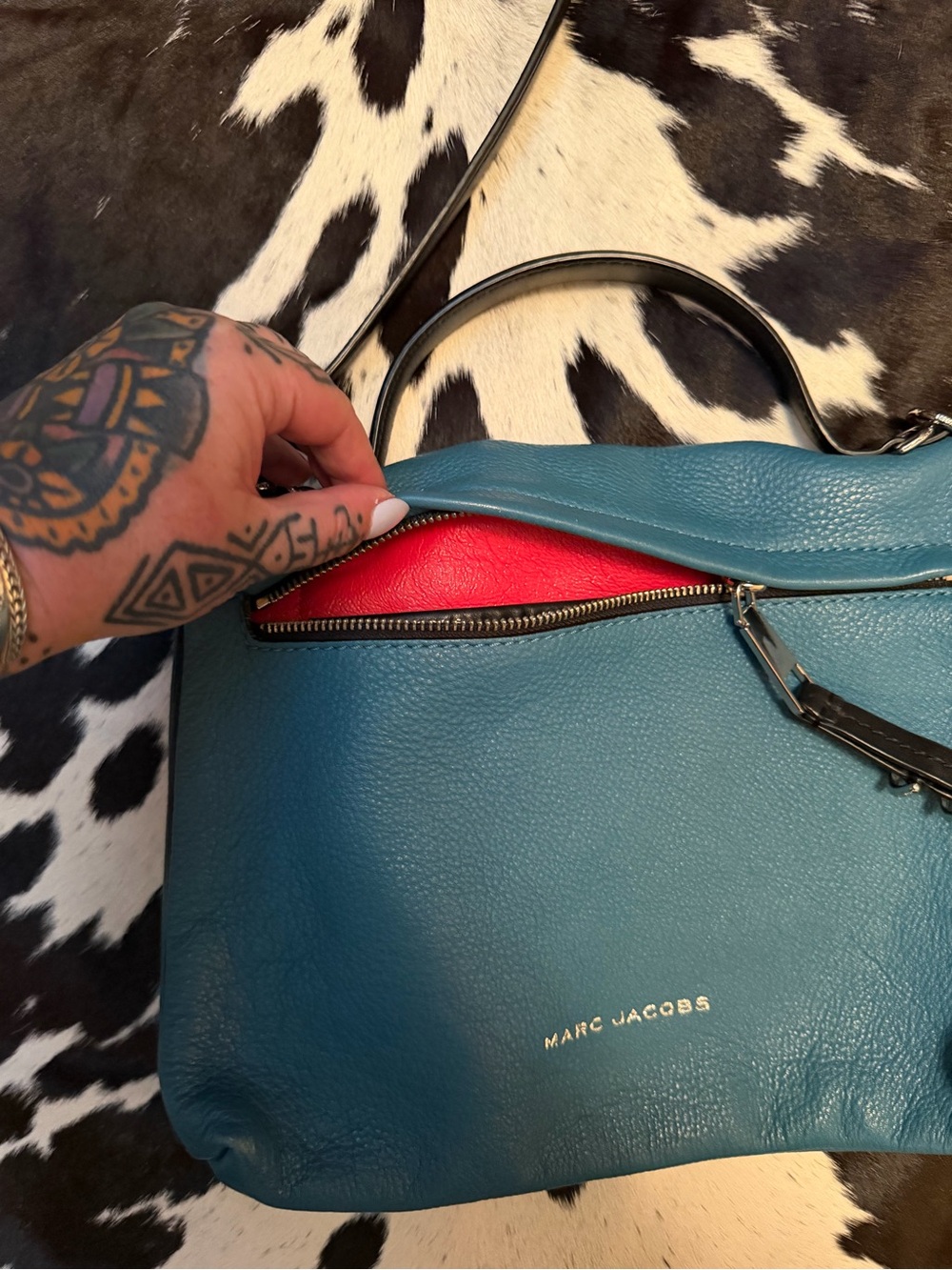 Marc Jacobs Teal Pebbled Leather Shoulder or Crossbody Bag with Red Interior
